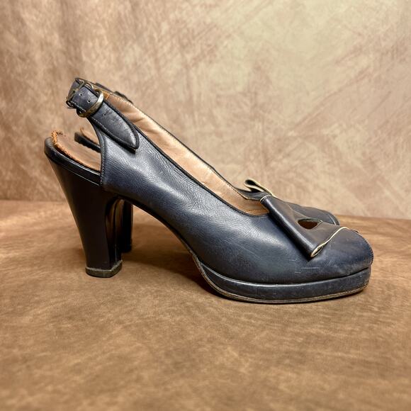 Vintage 40s Gold Cross Shoe Pumps Blue Heels Decorative Wrap Blue Open Toe Retro - Picture 13 of 13